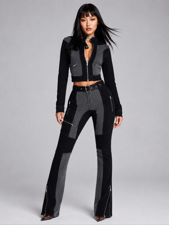 Fashion Nova Denim - SHAPE ENHANCING STRETCH Moto Jeans GREY BLACK DENIM Belted SIZE 7 NWT